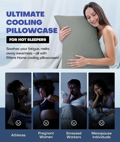Ultra-Chill Cooling Pillowcase Set of 2 for Hot Sleepers, Softer Than Silk Pillow Cases for Protecting Hair & Skin, Breathable Bed Pillow Covers w/ Zipper, Gifts for Women & Men (Light Gray, Standard)