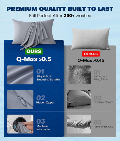 Ultra-Chill Cooling Pillowcase Set of 2 for Hot Sleepers, Softer Than Silk Pillow Cases for Protecting Hair & Skin, Breathable Bed Pillow Covers w/ Zipper, Gifts for Women & Men (Light Gray, Standard)