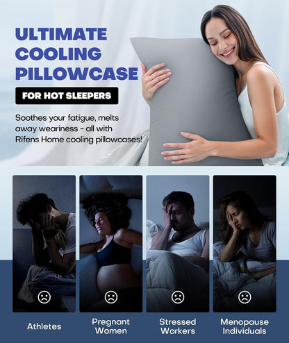 Ultra-Chill Cooling Pillowcase Set of 2 for Hot Sleepers, Softer Than Silk Pillow Cases for Protecting Hair & Skin, Breathable Bed Pillow Covers w/ Zipper, Gifts for Women & Men (Light Gray, Standard)