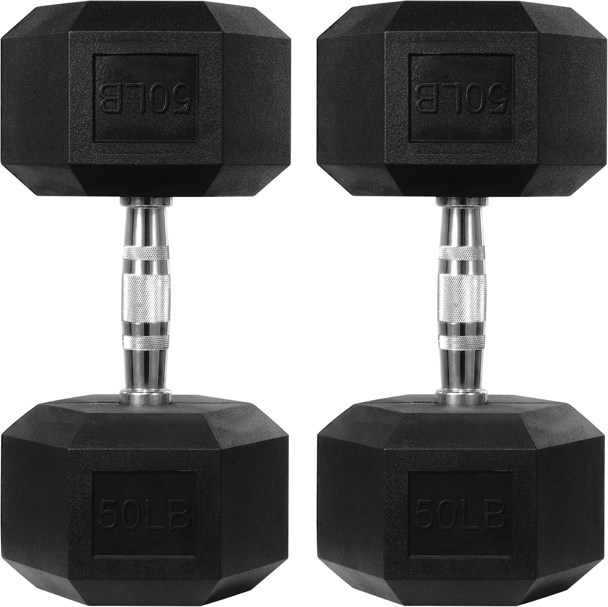 50 LBS Pair Rubber Coated Hex Dumbbells, Anti-Roll Hand Weights Set of 2, Non-Slip Ergonomic Handle Low Odor for Home Gym