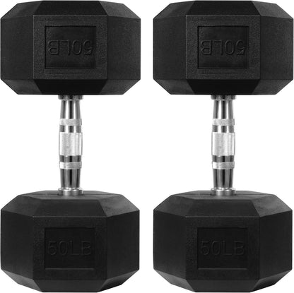 50 LBS Pair Rubber Coated Hex Dumbbells, Anti-Roll Hand Weights Set of 2, Non-Slip Ergonomic Handle Low Odor for Home Gym