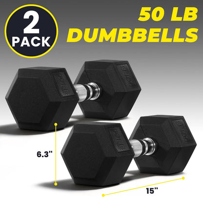 50 LBS Pair Rubber Coated Hex Dumbbells, Anti-Roll Hand Weights Set of 2, Non-Slip Ergonomic Handle Low Odor for Home Gym