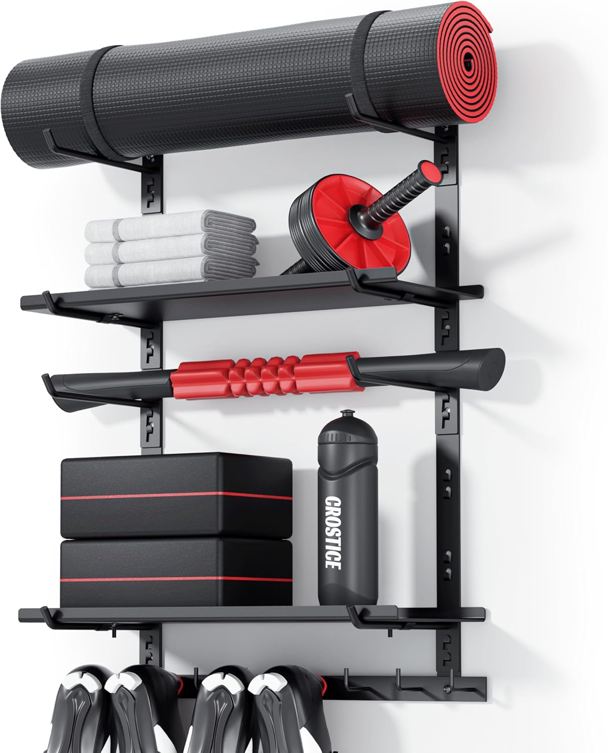 Home Gym Storage Shelf Only, Adjustable Gym Equipment Organizer Wall Mounted with 1 Board, Yoga Mat Holder, Storage Rack Compatible with Peloton Shoes & Mat, Shelf for Home Training Accessories