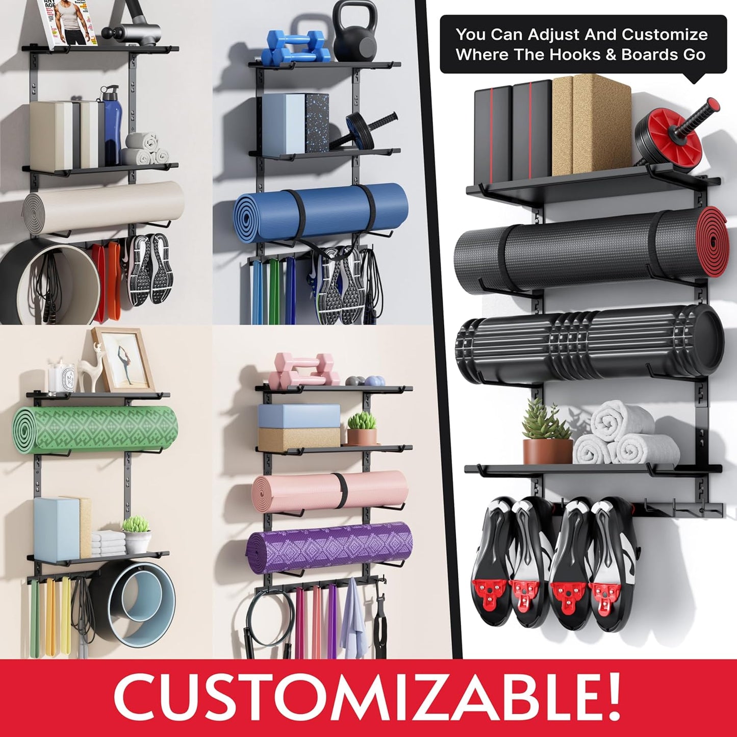 Home Gym Storage Shelf Only, Adjustable Gym Equipment Organizer Wall Mounted with 1 Board, Yoga Mat Holder, Storage Rack Compatible with Peloton Shoes & Mat, Shelf for Home Training Accessories