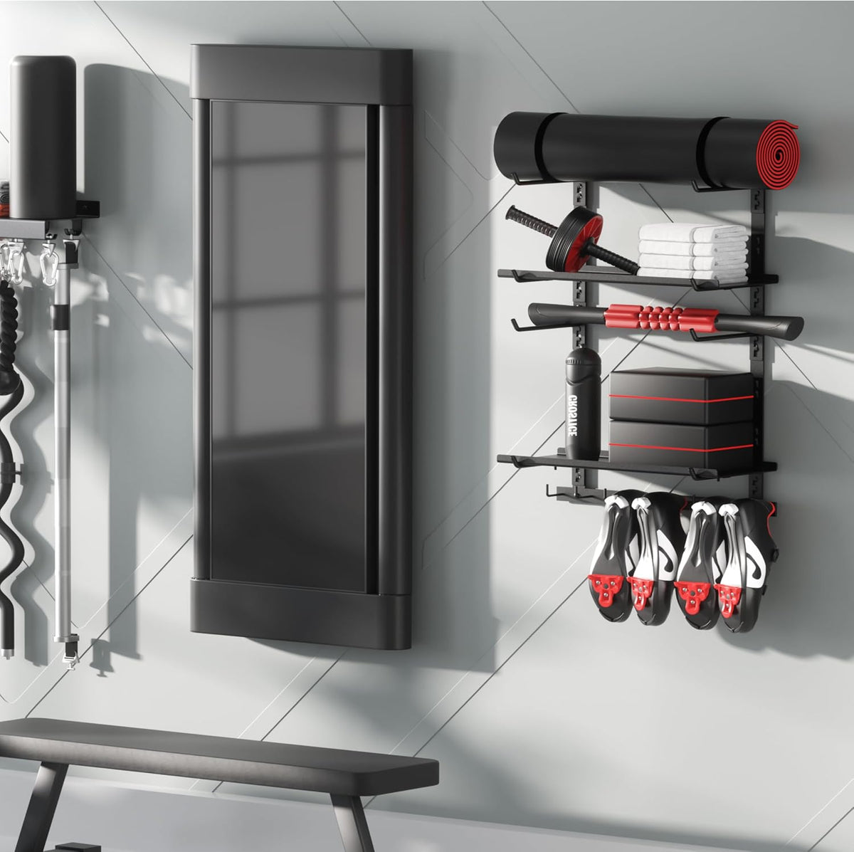 Home Gym Storage Shelf Only, Adjustable Gym Equipment Organizer Wall Mounted with 1 Board, Yoga Mat Holder, Storage Rack Compatible with Peloton Shoes & Mat, Shelf for Home Training Accessories