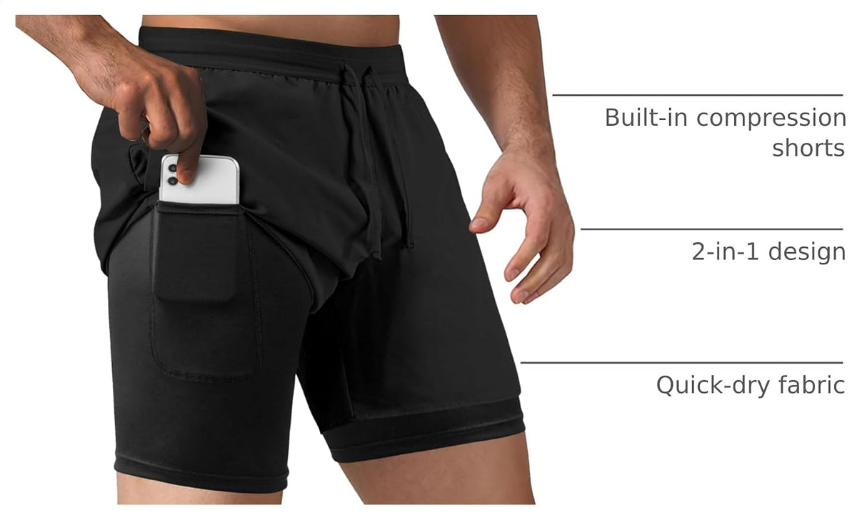 Men's 2 in 1 Running Shorts Workout Athletic Training Gym Outdoor Sports Shorts