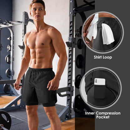Men's 2 in 1 Running Shorts Workout Athletic Training Gym Outdoor Sports Shorts