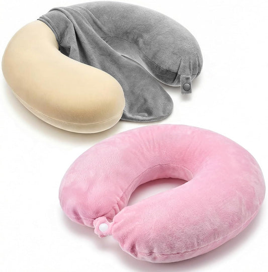 2 Colors Neck Pillow Covers with Zipper, Washable U Shaped Replacement Cover, Gray and Pink Reusable Travel Pillow Cover, Soft Smooth Plush Fabric, Universal Fit Airplane Pillows Case