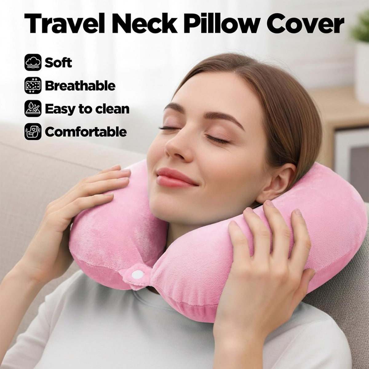 2 Colors Neck Pillow Covers with Zipper, Washable U Shaped Replacement Cover, Gray and Pink Reusable Travel Pillow Cover, Soft Smooth Plush Fabric, Universal Fit Airplane Pillows Case