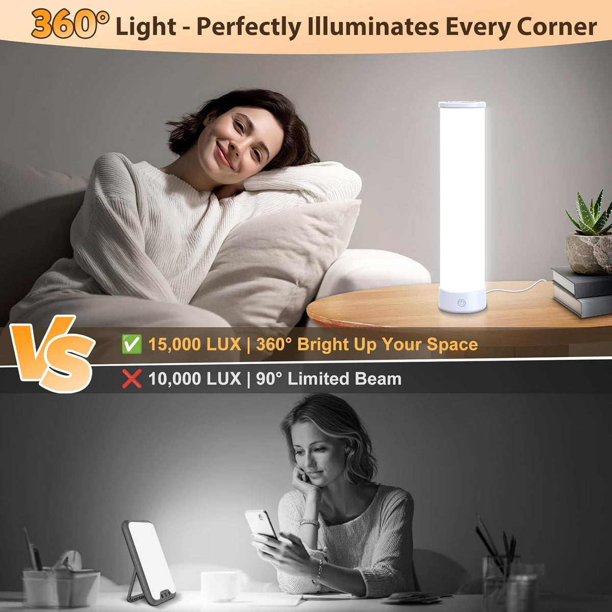 Light Therapy Lamp 15000 Lux, UV-Free Happy Sunlight Lamps with 3 Color Temperatures, Adjustable Brightness, Timer & Memory Function, Full Spectrum Light with Remote Control for Home, Happy Life