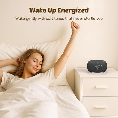 Alarm Clock with Sound Machine for Bedrooms – 2-in-1 White Noise Machine for Sleep, Gentle Wake-Up with Soft Alarm Sounds, Ambient Night Light, Plug-in, Sleep Better, Wake Gently