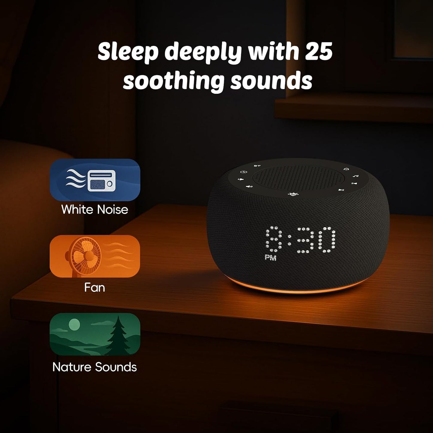 Alarm Clock with Sound Machine for Bedrooms – 2-in-1 White Noise Machine for Sleep, Gentle Wake-Up with Soft Alarm Sounds, Ambient Night Light, Plug-in, Sleep Better, Wake Gently