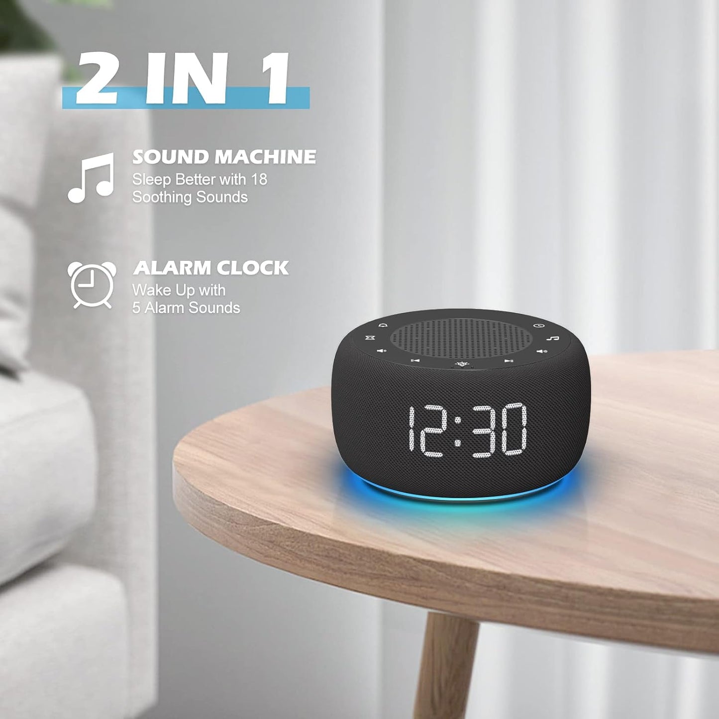 Alarm Clock with Sound Machine for Bedrooms – 2-in-1 White Noise Machine for Sleep, Gentle Wake-Up with Soft Alarm Sounds, Ambient Night Light, Plug-in, Sleep Better, Wake Gently