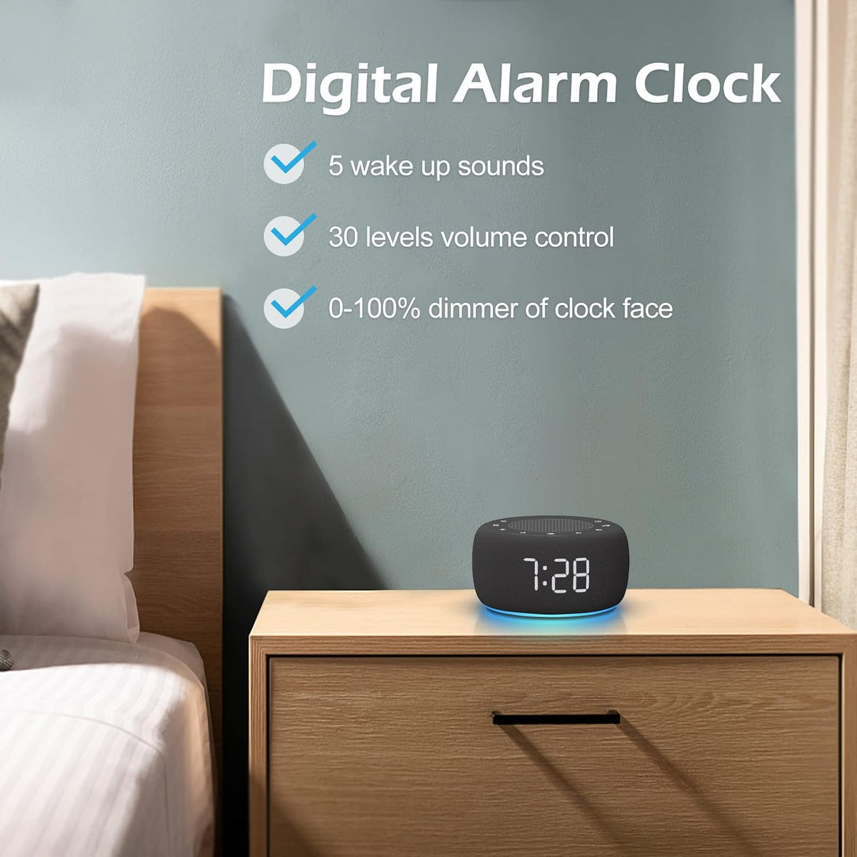 Alarm Clock with Sound Machine for Bedrooms – 2-in-1 White Noise Machine for Sleep, Gentle Wake-Up with Soft Alarm Sounds, Ambient Night Light, Plug-in, Sleep Better, Wake Gently