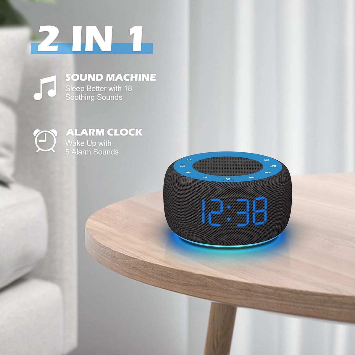 Alarm Clock with Sound Machine for Bedrooms – 2-in-1 White Noise Machine for Sleep, Gentle Wake-Up with Soft Alarm Sounds, Ambient Night Light, Plug-in, Sleep Better, Wake Gently