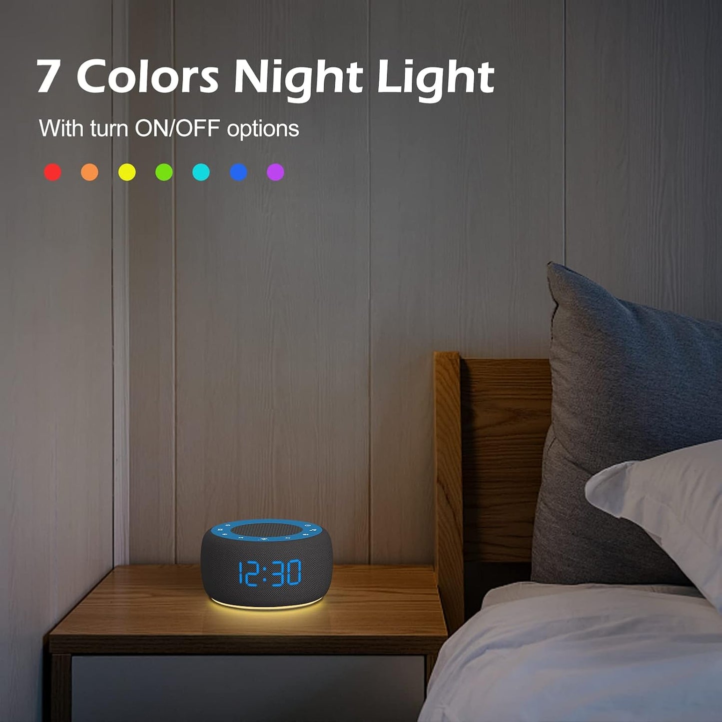 Alarm Clock with Sound Machine for Bedrooms – 2-in-1 White Noise Machine for Sleep, Gentle Wake-Up with Soft Alarm Sounds, Ambient Night Light, Plug-in, Sleep Better, Wake Gently