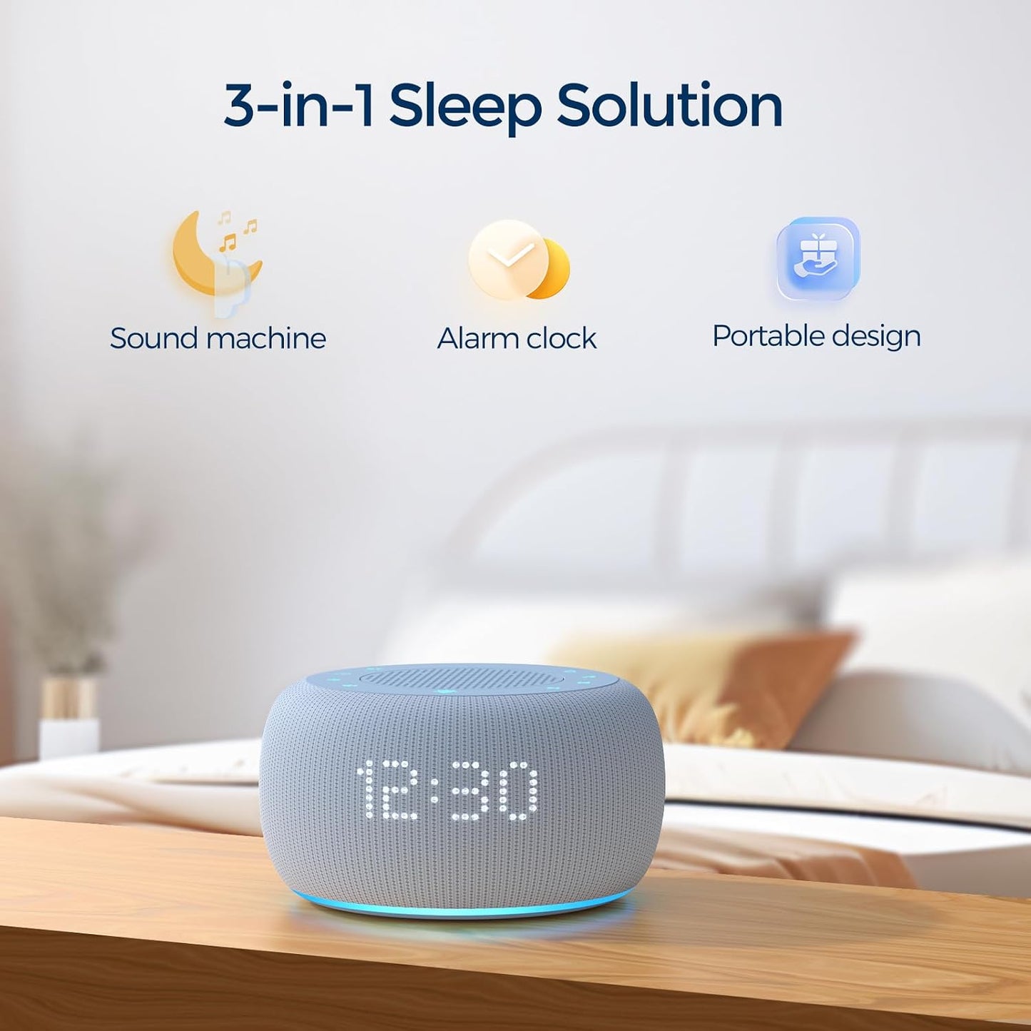 Alarm Clock with Sound Machine for Bedrooms – 2-in-1 White Noise Machine for Sleep, Gentle Wake-Up with Soft Alarm Sounds, Ambient Night Light, Plug-in, Sleep Better, Wake Gently
