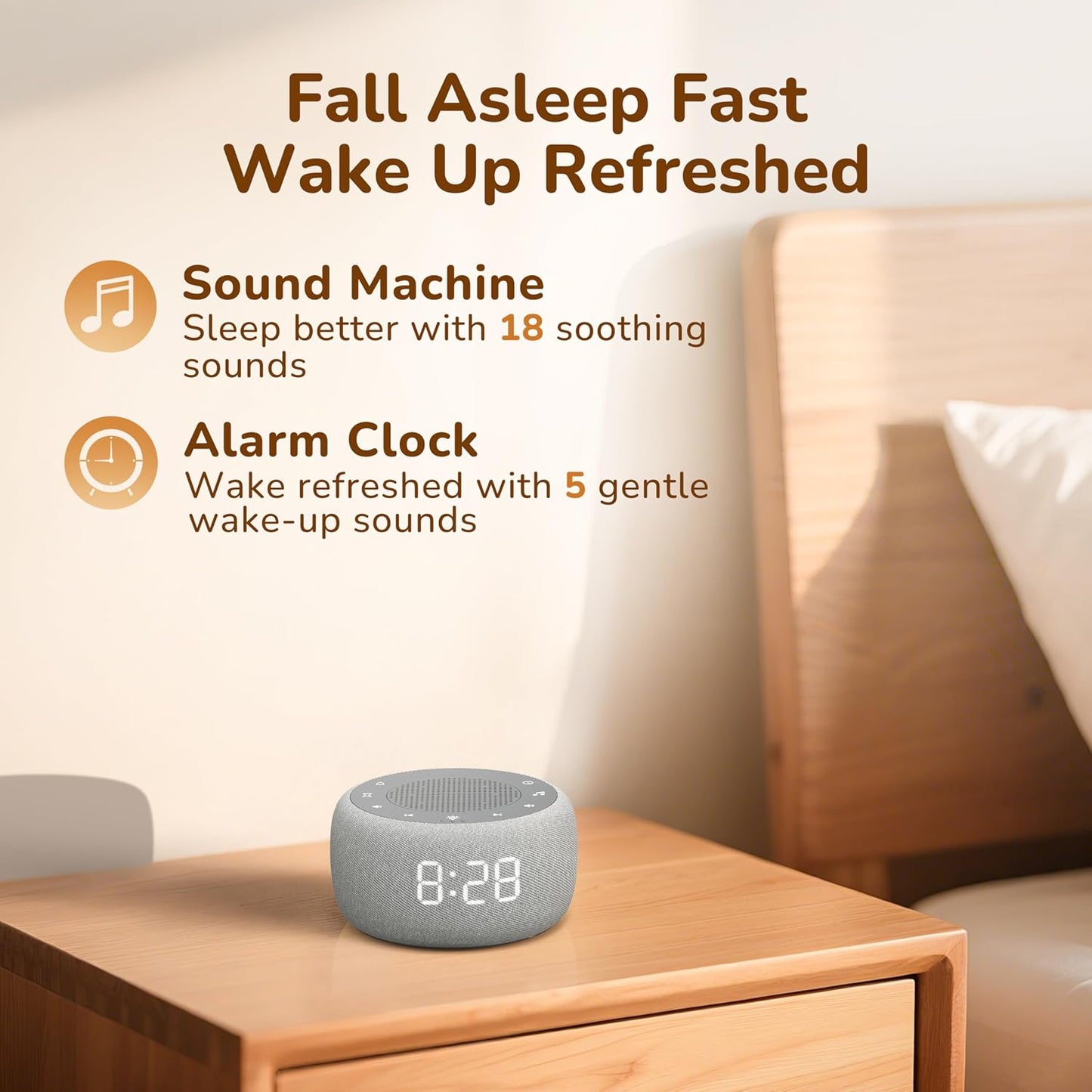 Alarm Clock with Sound Machine for Bedrooms – 2-in-1 White Noise Machine for Sleep, Gentle Wake-Up with Soft Alarm Sounds, Ambient Night Light, Plug-in, Sleep Better, Wake Gently