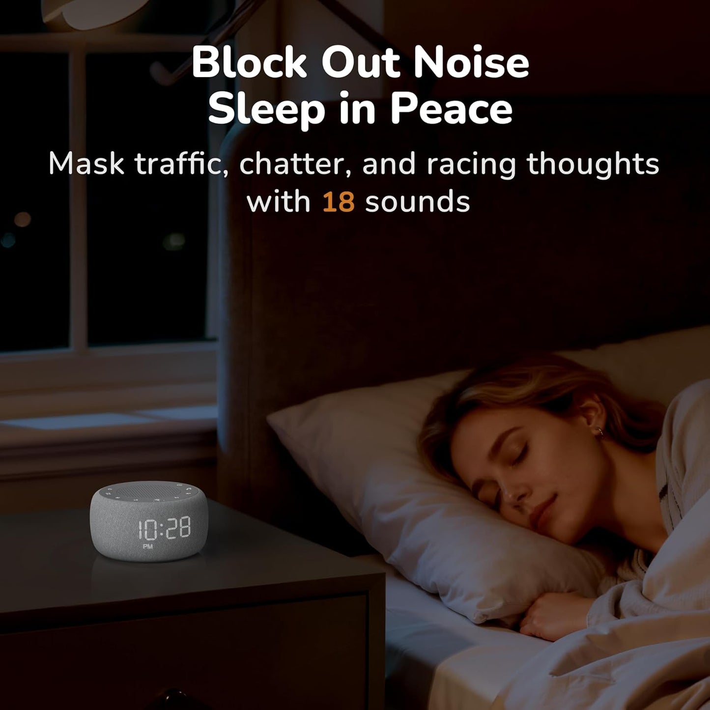 Alarm Clock with Sound Machine for Bedrooms – 2-in-1 White Noise Machine for Sleep, Gentle Wake-Up with Soft Alarm Sounds, Ambient Night Light, Plug-in, Sleep Better, Wake Gently