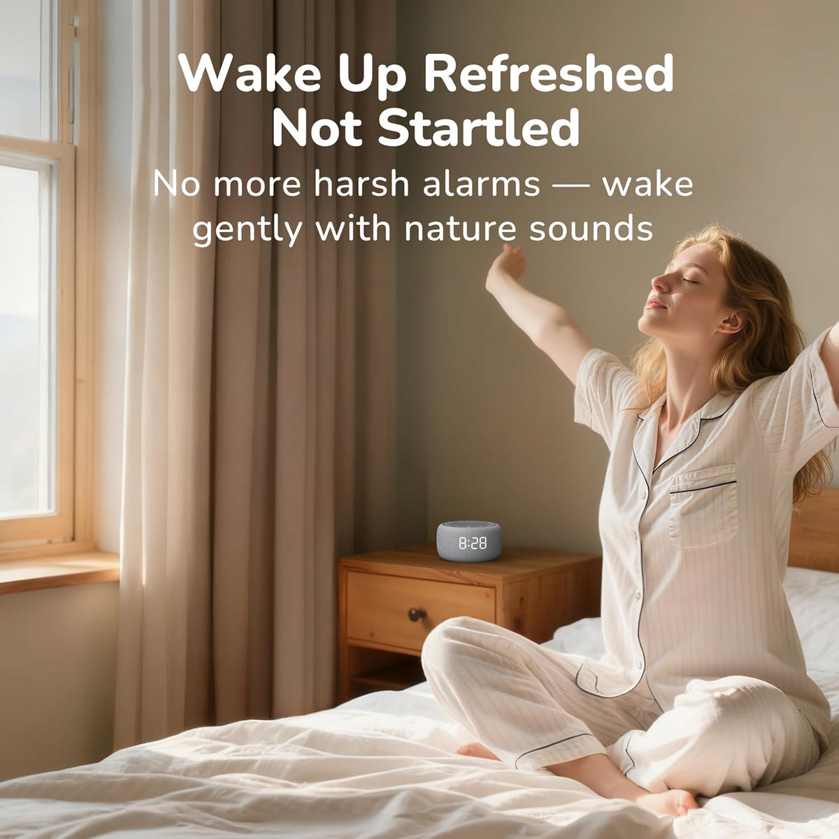 Alarm Clock with Sound Machine for Bedrooms – 2-in-1 White Noise Machine for Sleep, Gentle Wake-Up with Soft Alarm Sounds, Ambient Night Light, Plug-in, Sleep Better, Wake Gently