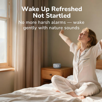 Alarm Clock with Sound Machine for Bedrooms – 2-in-1 White Noise Machine for Sleep, Gentle Wake-Up with Soft Alarm Sounds, Ambient Night Light, Plug-in, Sleep Better, Wake Gently