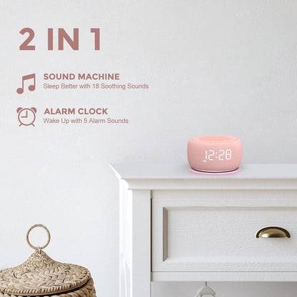 Alarm Clock with Sound Machine for Bedrooms – 2-in-1 White Noise Machine for Sleep, Gentle Wake-Up with Soft Alarm Sounds, Ambient Night Light, Plug-in, Sleep Better, Wake Gently