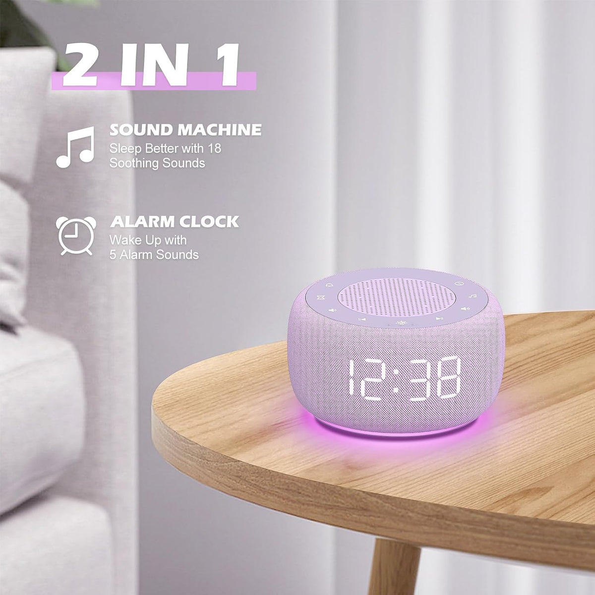Alarm Clock with Sound Machine for Bedrooms – 2-in-1 White Noise Machine for Sleep, Gentle Wake-Up with Soft Alarm Sounds, Ambient Night Light, Plug-in, Sleep Better, Wake Gently