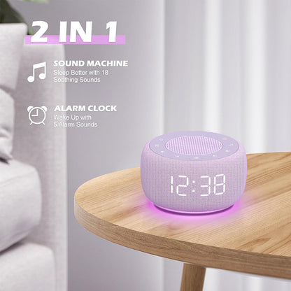 Alarm Clock with Sound Machine for Bedrooms – 2-in-1 White Noise Machine for Sleep, Gentle Wake-Up with Soft Alarm Sounds, Ambient Night Light, Plug-in, Sleep Better, Wake Gently