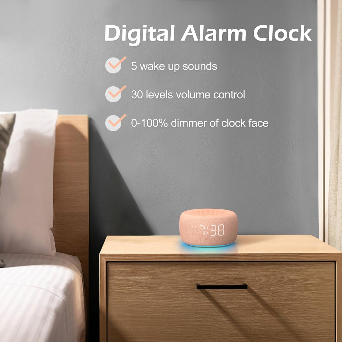 Alarm Clock with Sound Machine for Bedrooms – 2-in-1 White Noise Machine for Sleep, Gentle Wake-Up with Soft Alarm Sounds, Ambient Night Light, Plug-in, Sleep Better, Wake Gently