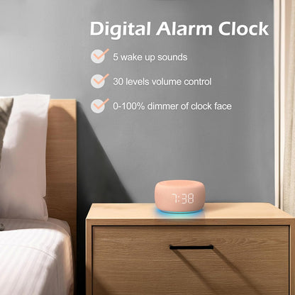 Alarm Clock with Sound Machine for Bedrooms – 2-in-1 White Noise Machine for Sleep, Gentle Wake-Up with Soft Alarm Sounds, Ambient Night Light, Plug-in, Sleep Better, Wake Gently
