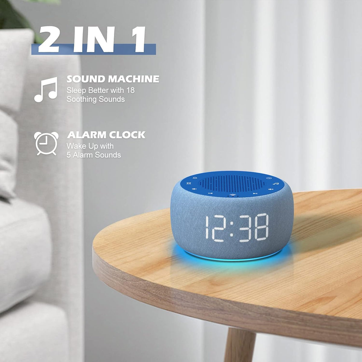 Alarm Clock with Sound Machine for Bedrooms – 2-in-1 White Noise Machine for Sleep, Gentle Wake-Up with Soft Alarm Sounds, Ambient Night Light, Plug-in, Sleep Better, Wake Gently