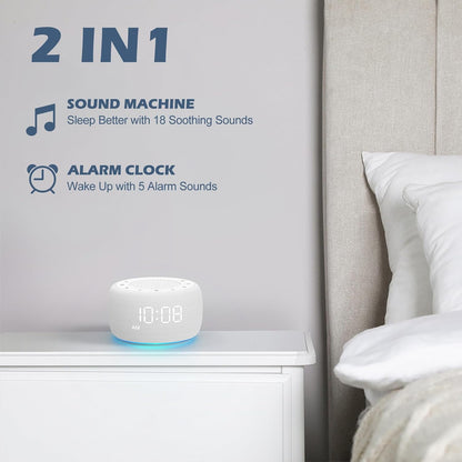 Alarm Clock with Sound Machine for Bedrooms – 2-in-1 White Noise Machine for Sleep, Gentle Wake-Up with Soft Alarm Sounds, Ambient Night Light, Plug-in, Sleep Better, Wake Gently