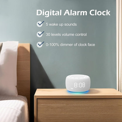 Alarm Clock with Sound Machine for Bedrooms – 2-in-1 White Noise Machine for Sleep, Gentle Wake-Up with Soft Alarm Sounds, Ambient Night Light, Plug-in, Sleep Better, Wake Gently