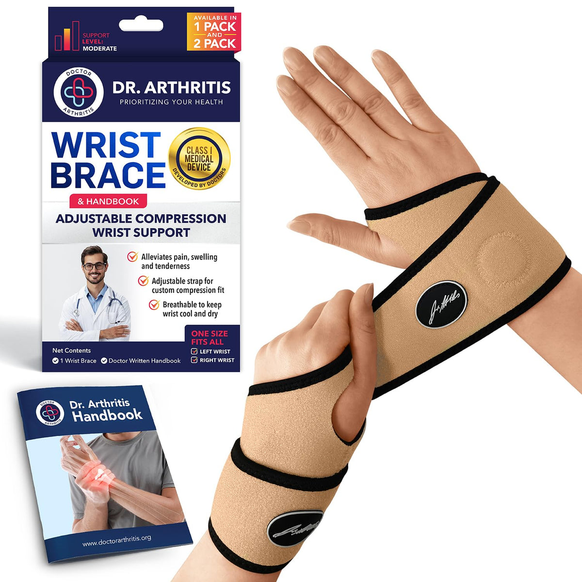 Doctor Developed Wrist Brace - Wrist wrap for Carpal Tunnel Arthritis,Tendonitis, Hand Support - Ideal for Fitness, Weightlifting - Handbook included (Pink (1 Pack)