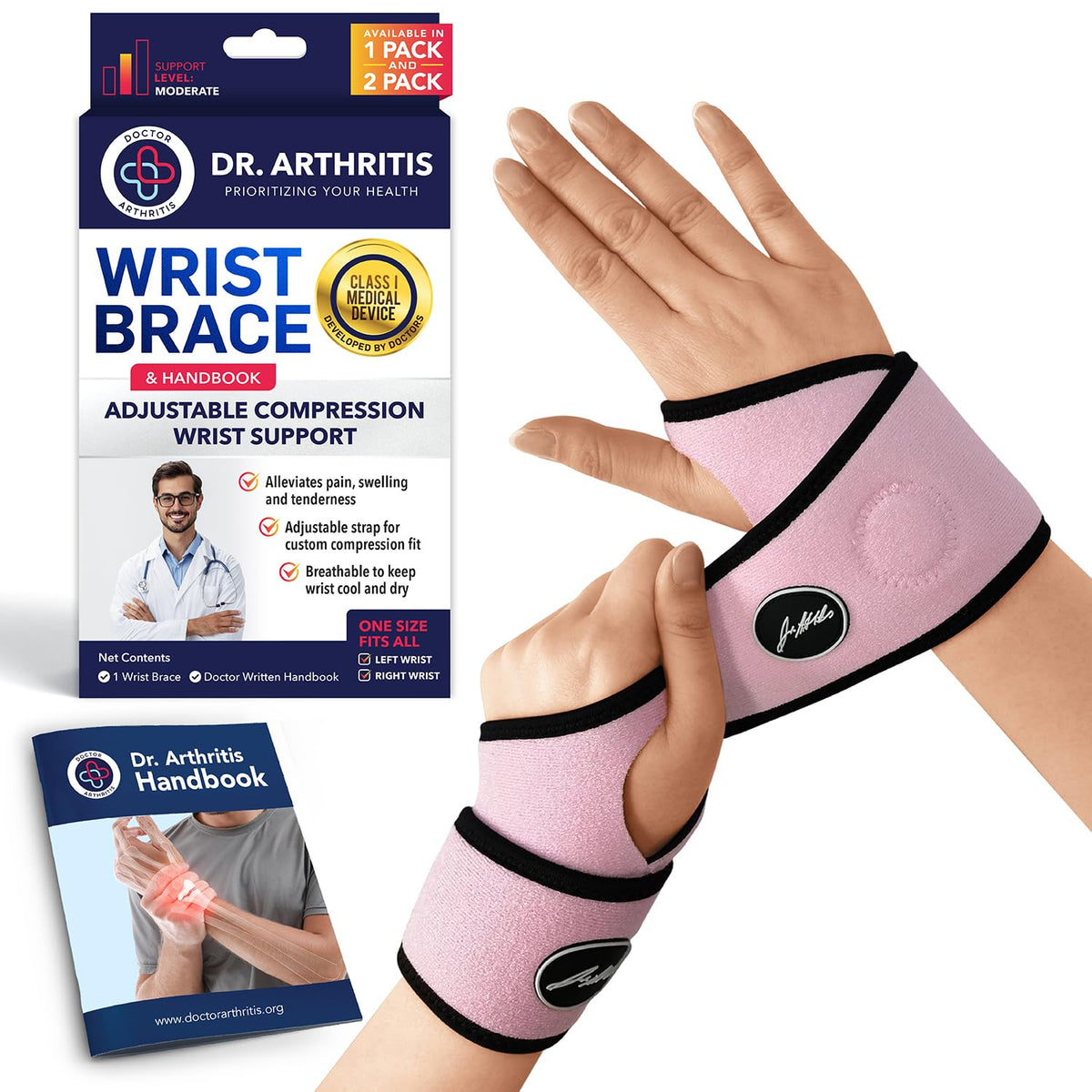 Doctor Developed Wrist Brace - Wrist wrap for Carpal Tunnel Arthritis,Tendonitis, Hand Support - Ideal for Fitness, Weightlifting - Handbook included (Pink (1 Pack)