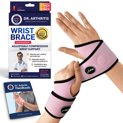 Doctor Developed Wrist Brace - Wrist wrap for Carpal Tunnel Arthritis,Tendonitis, Hand Support - Ideal for Fitness, Weightlifting - Handbook included (Pink (1 Pack)