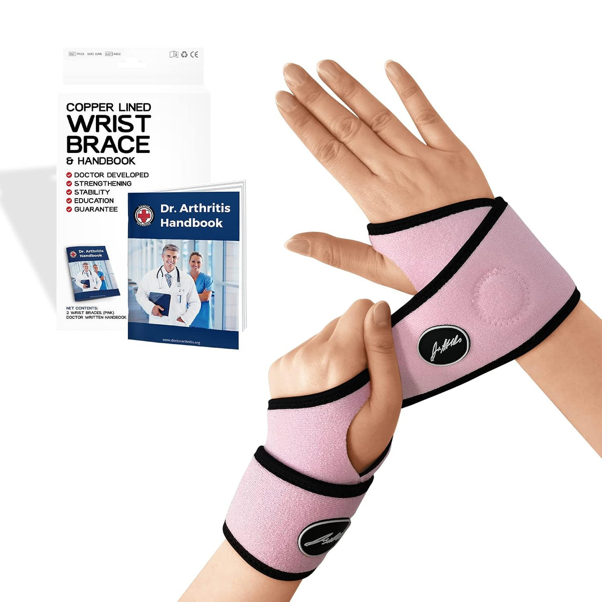 Doctor Developed Wrist Brace - Wrist wrap for Carpal Tunnel Arthritis,Tendonitis, Hand Support - Ideal for Fitness, Weightlifting - Handbook included (Pink (1 Pack)