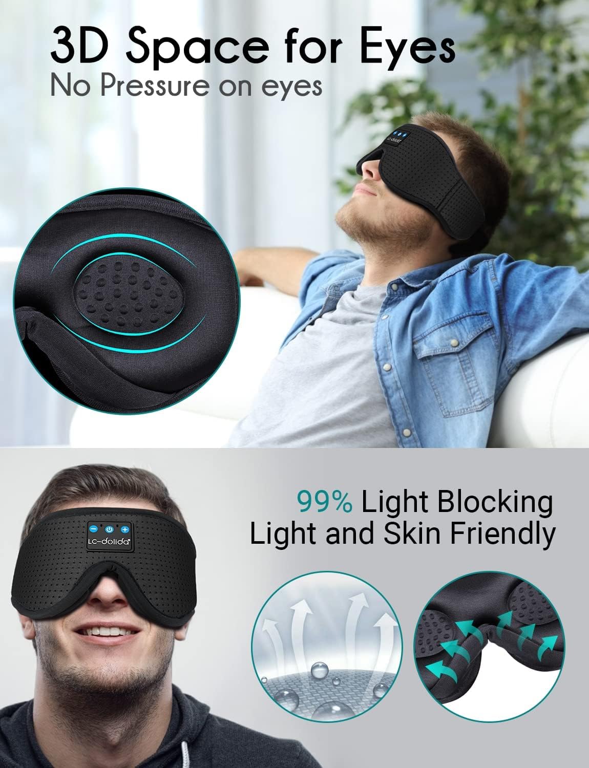 Sleep Headphones, 3D Sleep Mask Bluetooth Wireless Music Eye Mask, Sleeping Headphones for Side Sleepers Sleep Mask with Bluetooth Headphones Ultra-Thin Stereo Speakers Perfect for Sleeping