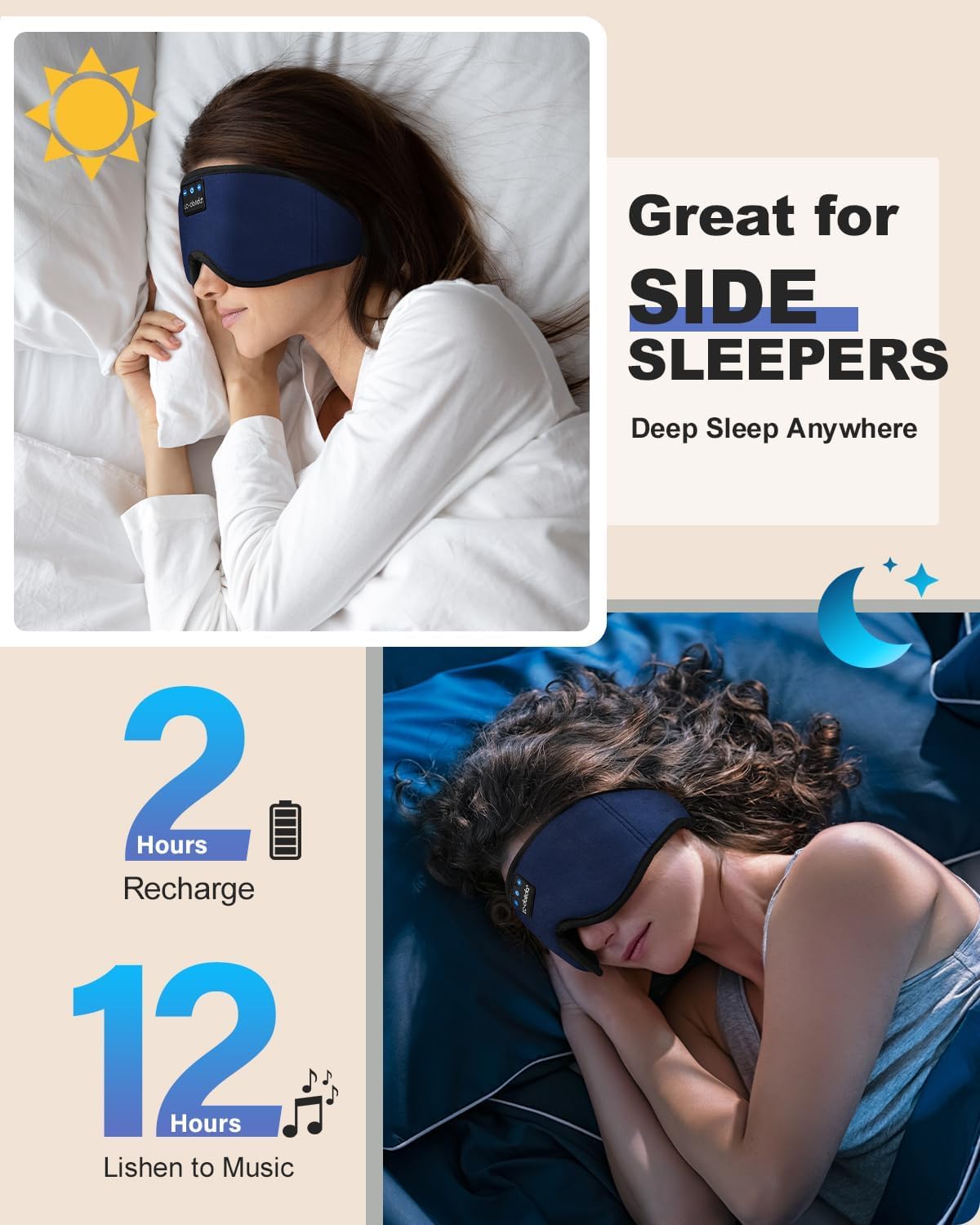 Sleep Headphones, 3D Sleep Mask Bluetooth Wireless Music Eye Mask, Sleeping Headphones for Side Sleepers Sleep Mask with Bluetooth Headphones Ultra-Thin Stereo Speakers Perfect for Sleeping