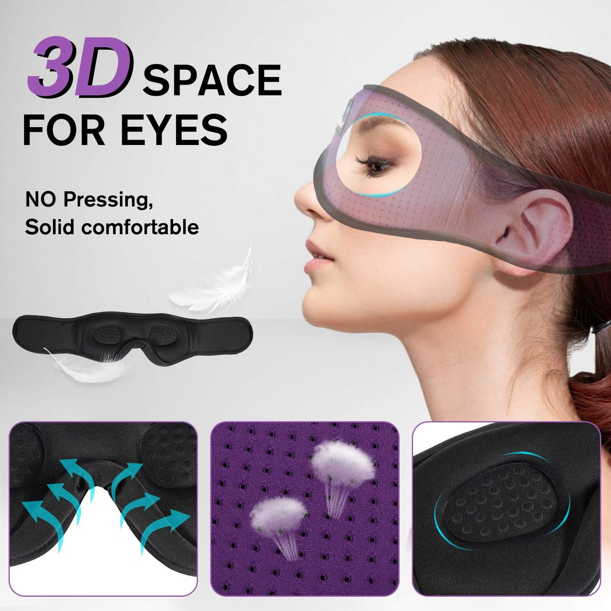 Sleep Headphones, 3D Sleep Mask Bluetooth Wireless Music Eye Mask, Sleeping Headphones for Side Sleepers Sleep Mask with Bluetooth Headphones Ultra-Thin Stereo Speakers Perfect for Sleeping