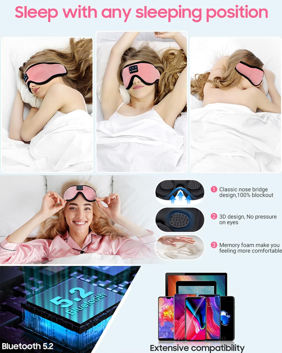 Sleep Headphones, 3D Sleep Mask Bluetooth Wireless Music Eye Mask, Sleeping Headphones for Side Sleepers Sleep Mask with Bluetooth Headphones Ultra-Thin Stereo Speakers Perfect for Sleeping