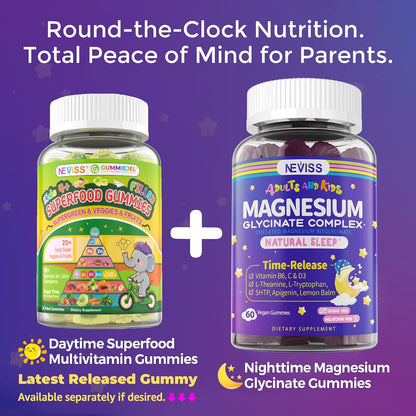 Magnesium Glycinate Gummies for Adults & Kids 4+, Sugar Free Magnesium Bisglycinate Supplement 400/200mg with B6D3, L-Theanine for Sleep & Relaxation, Brain, Muscle, Melatonin Free Gummies,1Pack
