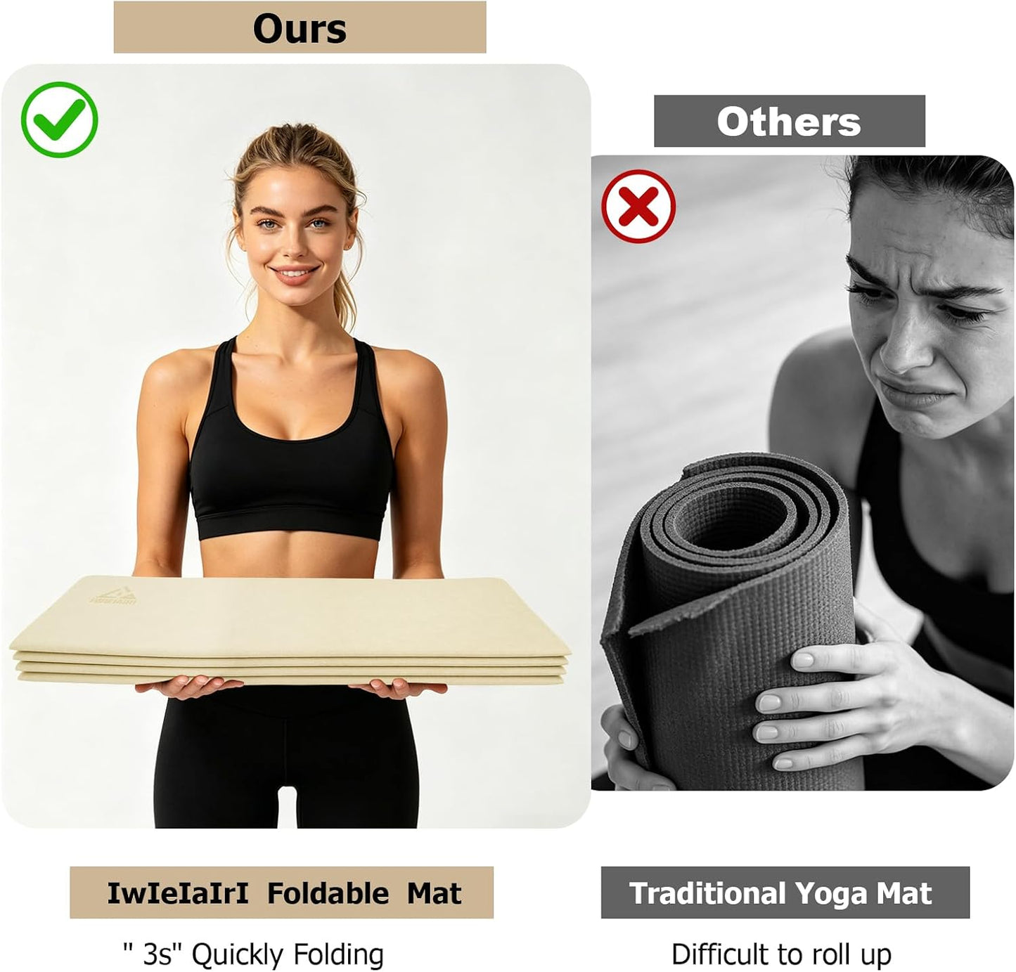 IwIeIaIrI Foldable Yoga Workout Mat with Strap– 1/4" (6MM) Thick, Lightweight, Non-Slip, 69x24" Long-Wide, POE, Portable & Easy to Store for Women Men Home Workout, Pilates, Gym, Travel, Floor Exercises
