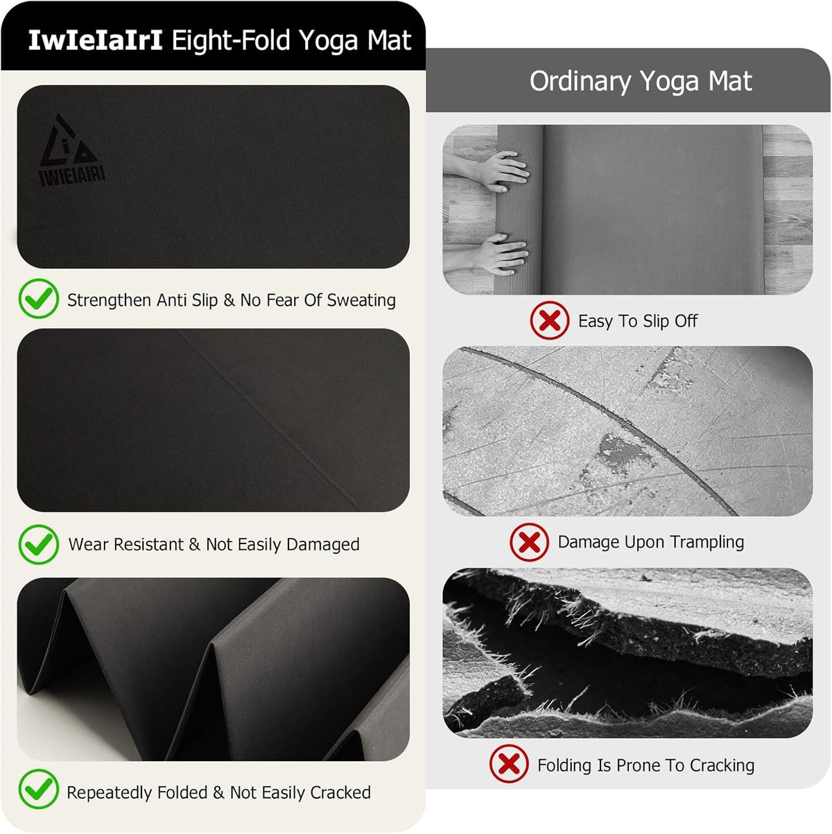 IwIeIaIrI Foldable Yoga Workout Mat with Strap– 1/4" (6MM) Thick, Lightweight, Non-Slip, 69x24" Long-Wide, POE, Portable & Easy to Store for Women Men Home Workout, Pilates, Gym, Travel, Floor Exercises