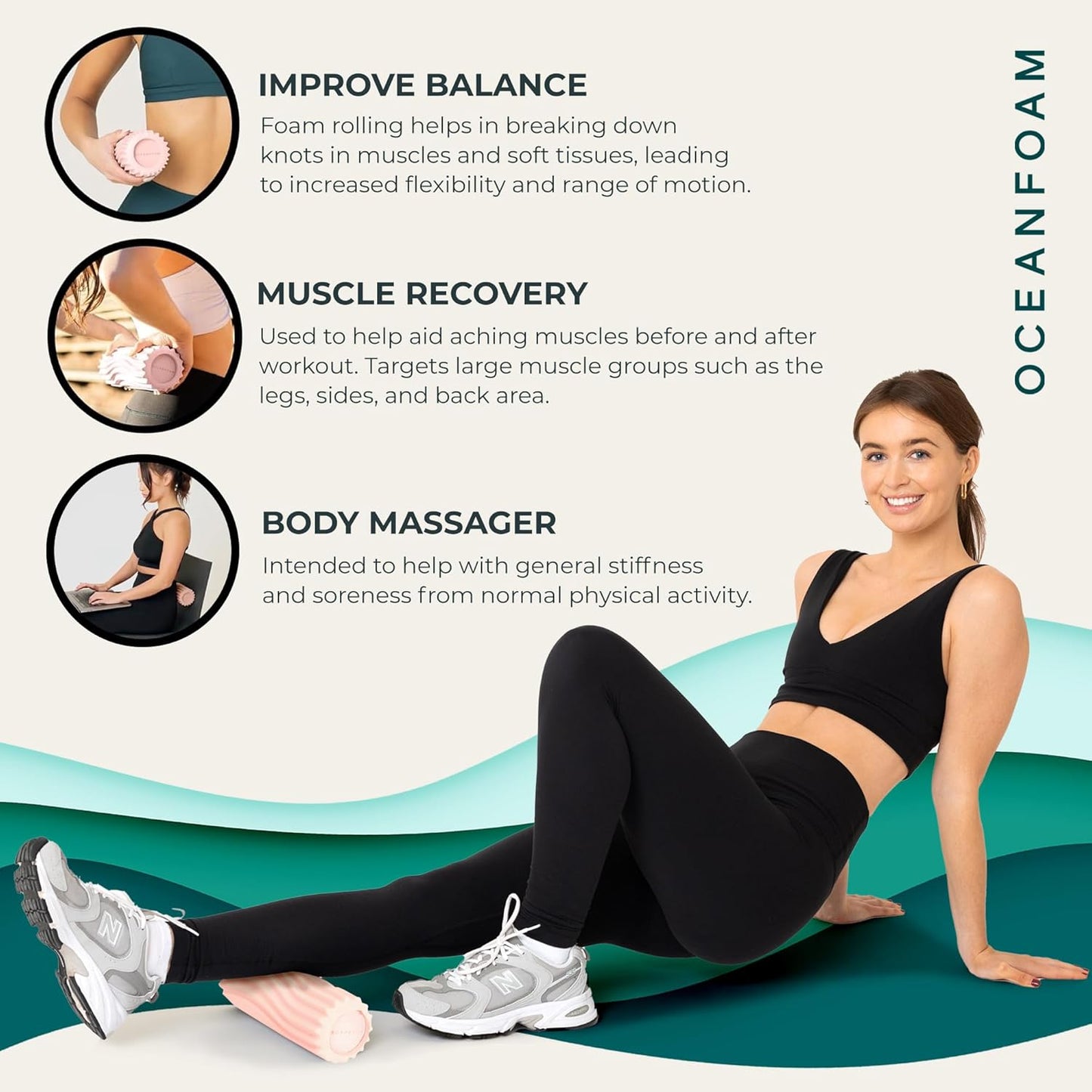 Ripple Travel Foam Roller (11" x 3.35") Firm Mini Foam Roller for Physical Therapy, Deep Tissue Massage, Back Pain - High Density, Ergonomic Wave Textured - Yoga, Pilates, Exercise (Seafoam) - Colors B