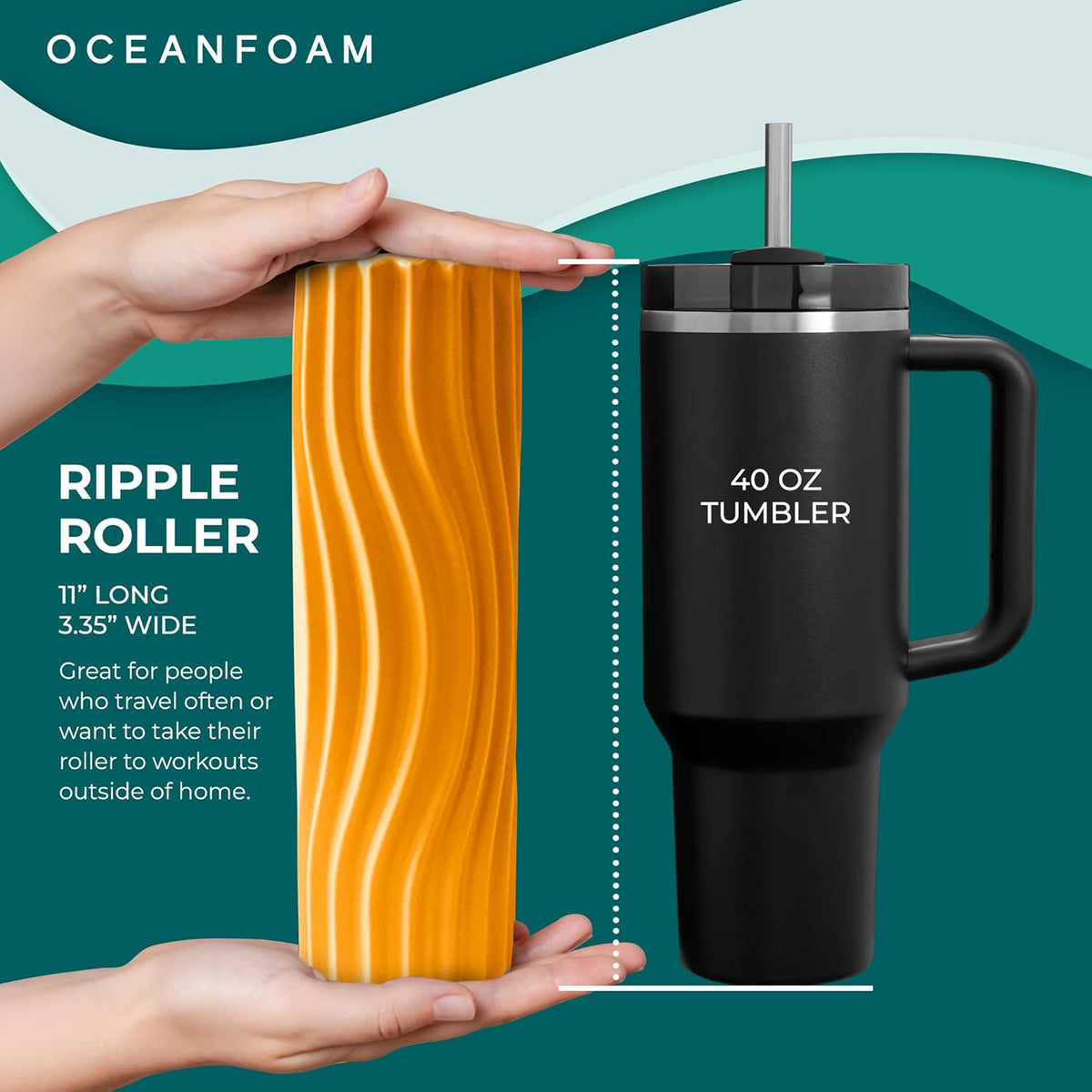 Ripple Travel Foam Roller (11" x 3.35") Firm Mini Foam Roller for Physical Therapy, Deep Tissue Massage, Back Pain - High Density, Ergonomic Wave Textured - Yoga, Pilates, Exercise (Seafoam) - Colors B