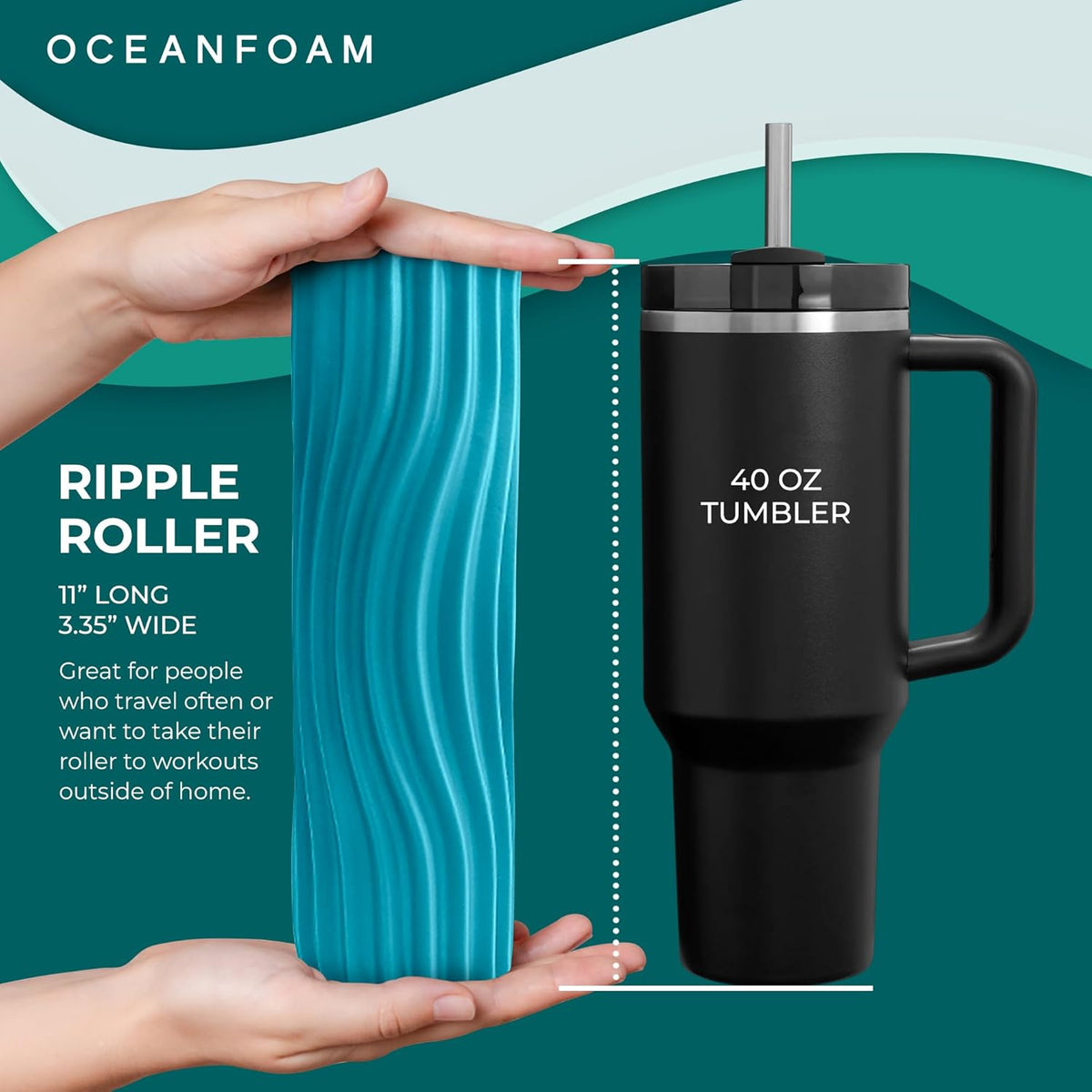 Ripple Travel Foam Roller (11" x 3.35") Firm Mini Foam Roller for Physical Therapy, Deep Tissue Massage, Back Pain - High Density, Ergonomic Wave Textured - Yoga, Pilates, Exercise (Seafoam) - Colors B