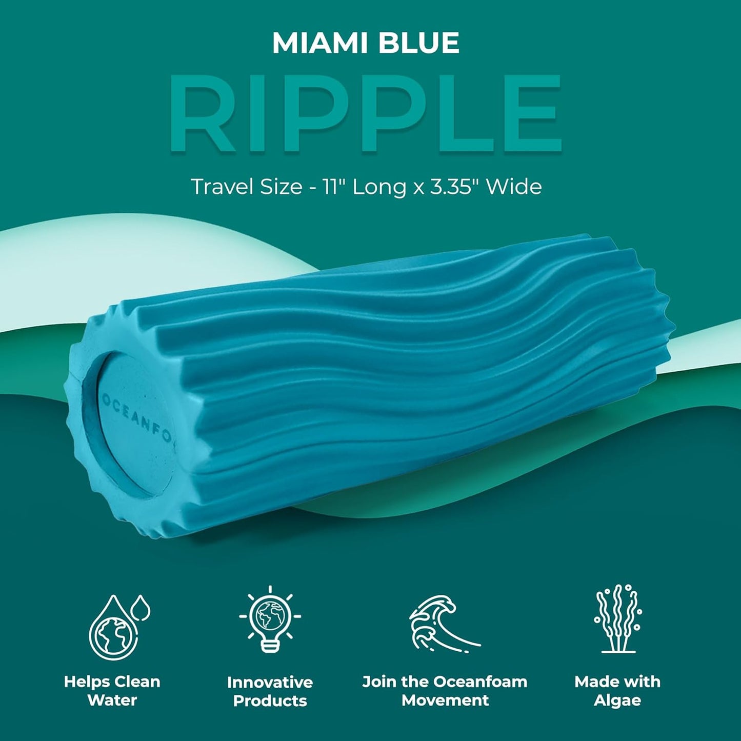 Ripple Travel Foam Roller (11" x 3.35") Firm Mini Foam Roller for Physical Therapy, Deep Tissue Massage, Back Pain - High Density, Ergonomic Wave Textured - Yoga, Pilates, Exercise (Seafoam) - Colors B