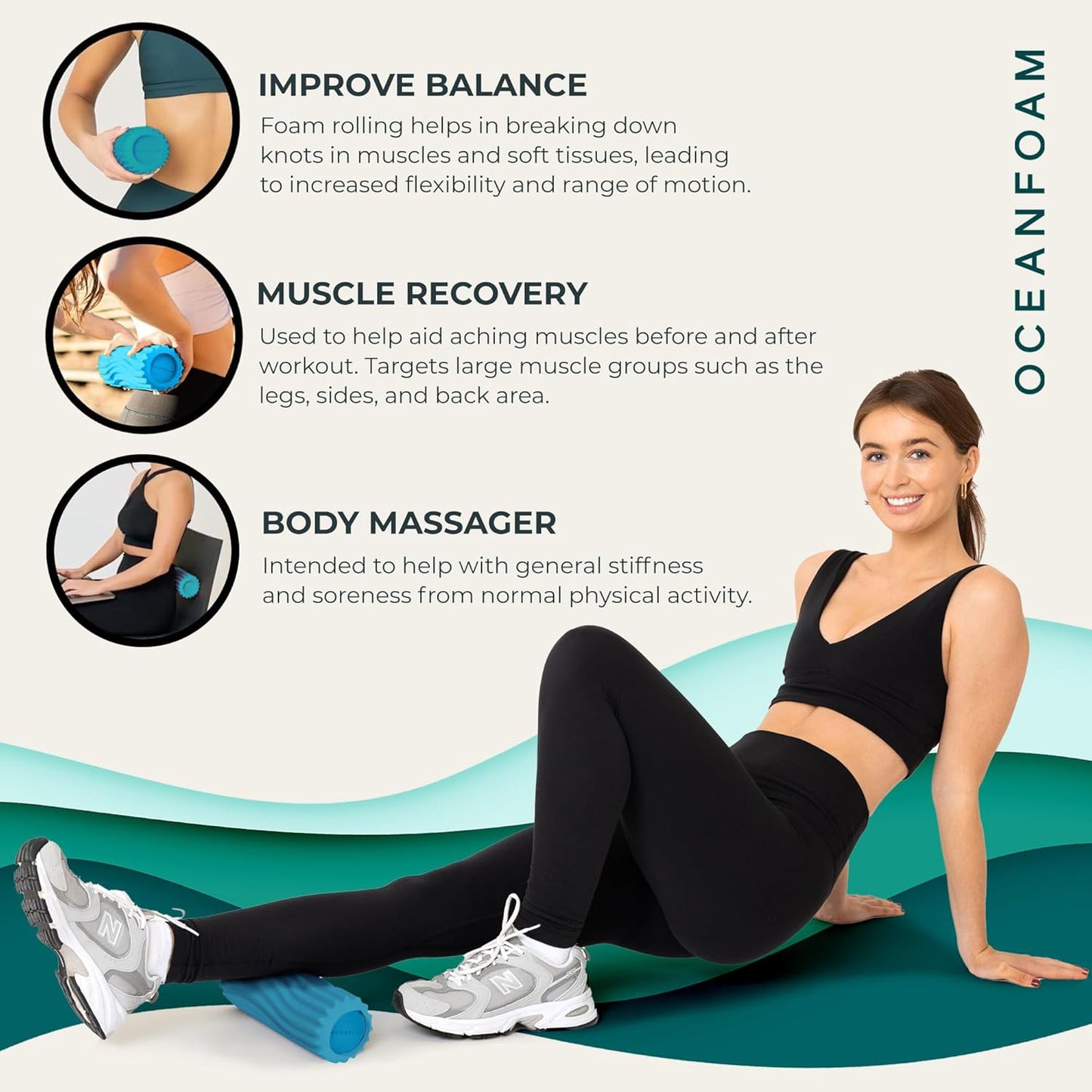 Ripple Travel Foam Roller (11" x 3.35") Firm Mini Foam Roller for Physical Therapy, Deep Tissue Massage, Back Pain - High Density, Ergonomic Wave Textured - Yoga, Pilates, Exercise (Seafoam) - Colors B