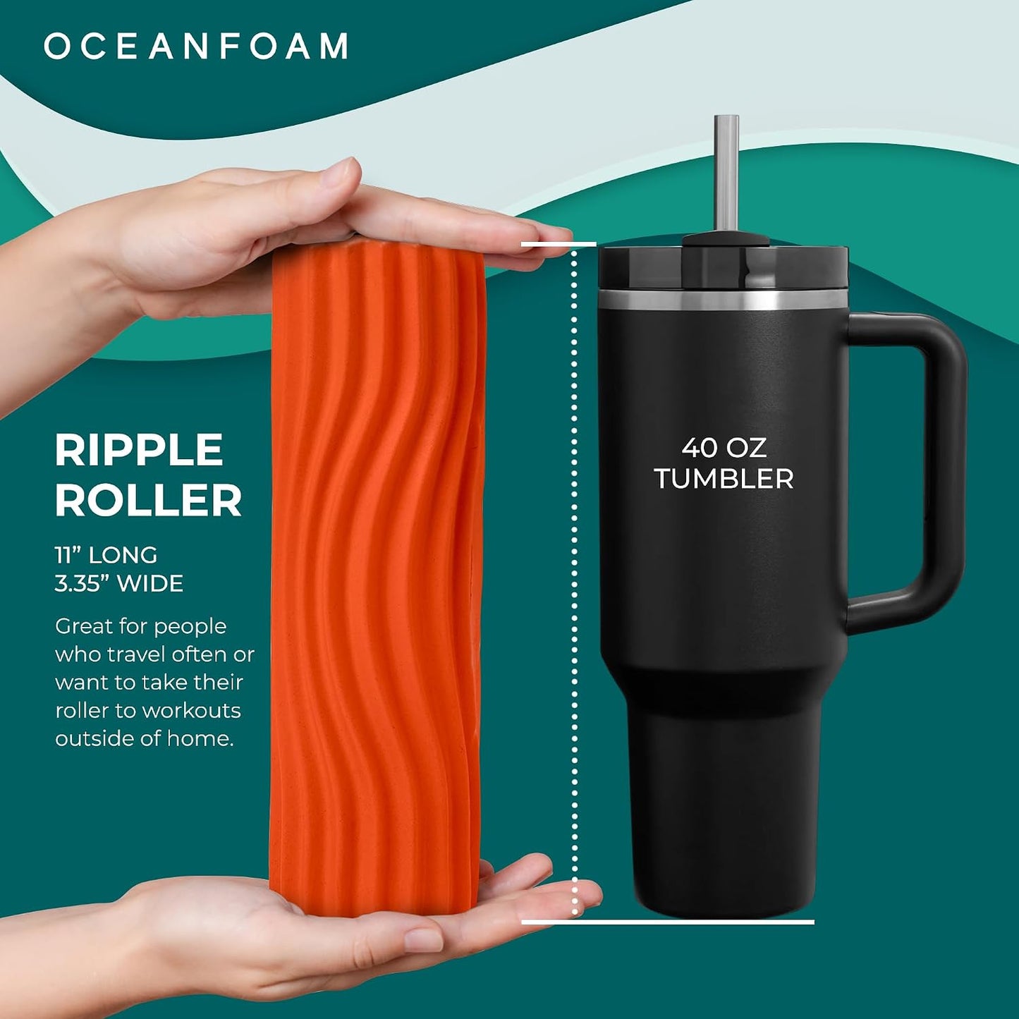 Ripple Travel Foam Roller (11" x 3.35") Firm Mini Foam Roller for Physical Therapy, Deep Tissue Massage, Back Pain - High Density, Ergonomic Wave Textured - Yoga, Pilates, Exercise (Seafoam) - Colors B